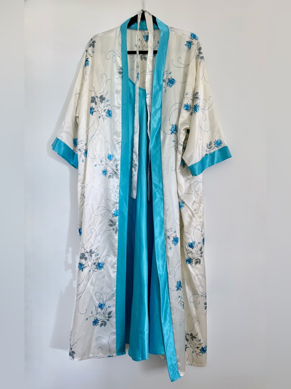 Jasmin Blue Satin Nightgown & Floral Robe 2 Piece Set M